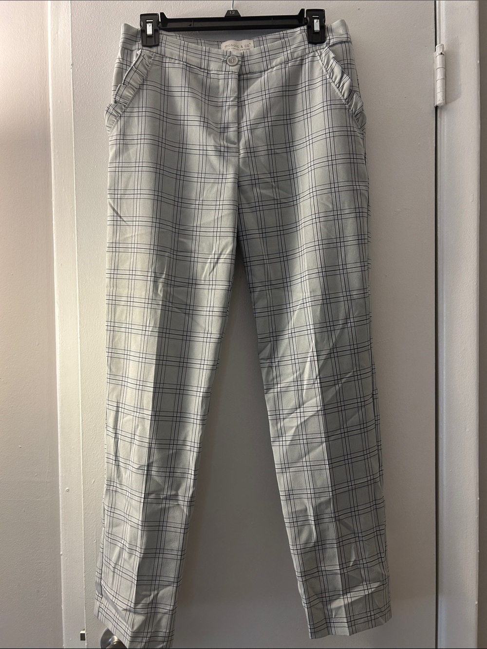 Straight Leg Plaid Pants in Light Gray - Women's